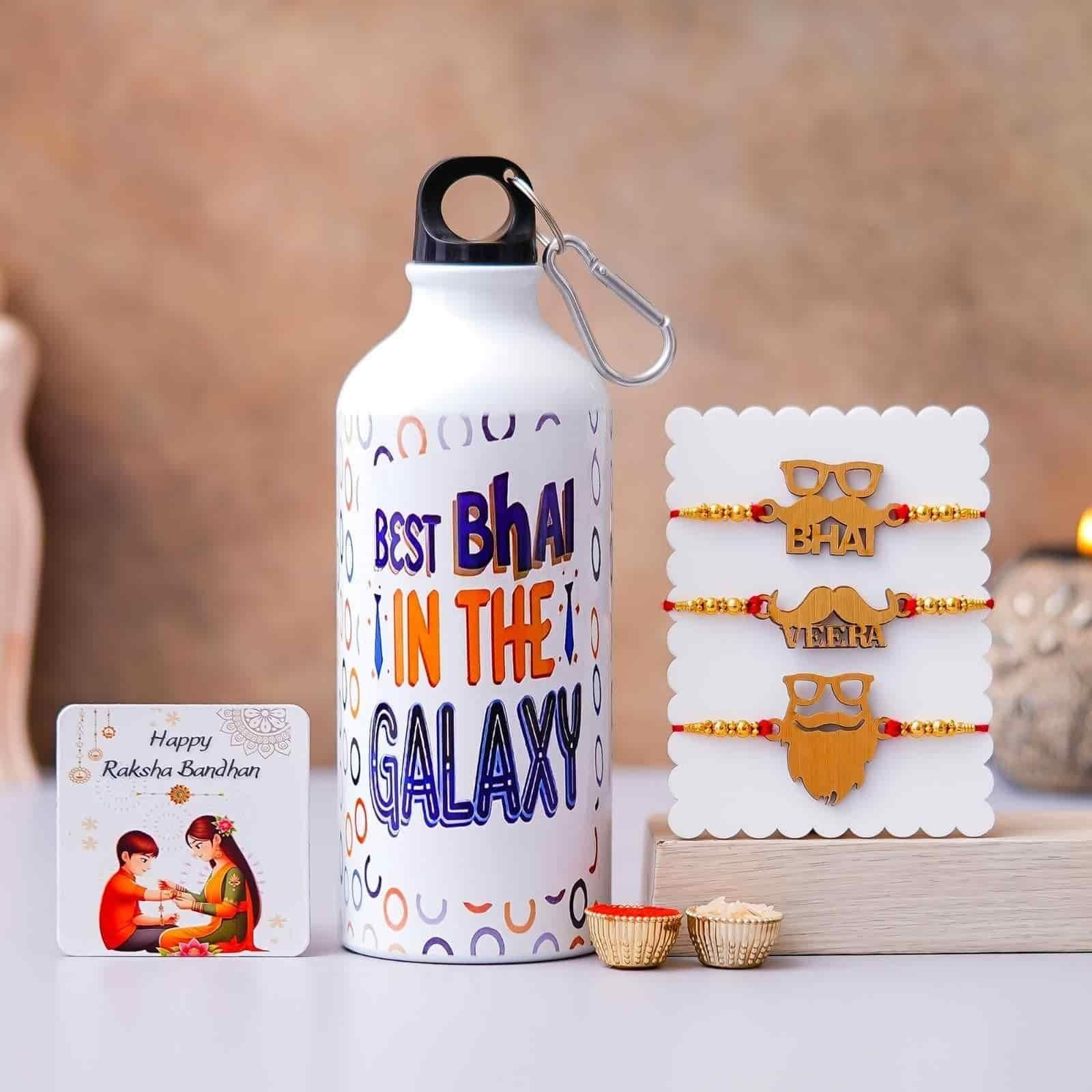 PrgCart Best Bhai in the Galaxy Bottle with 3 Rakhis – Raksha Bandhan Gift Set