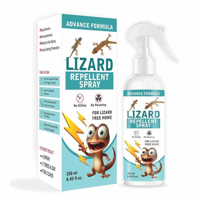 Lizard repellent spray for home in 250ml bottle with friendly lizard cartoon and clear usage instructions.