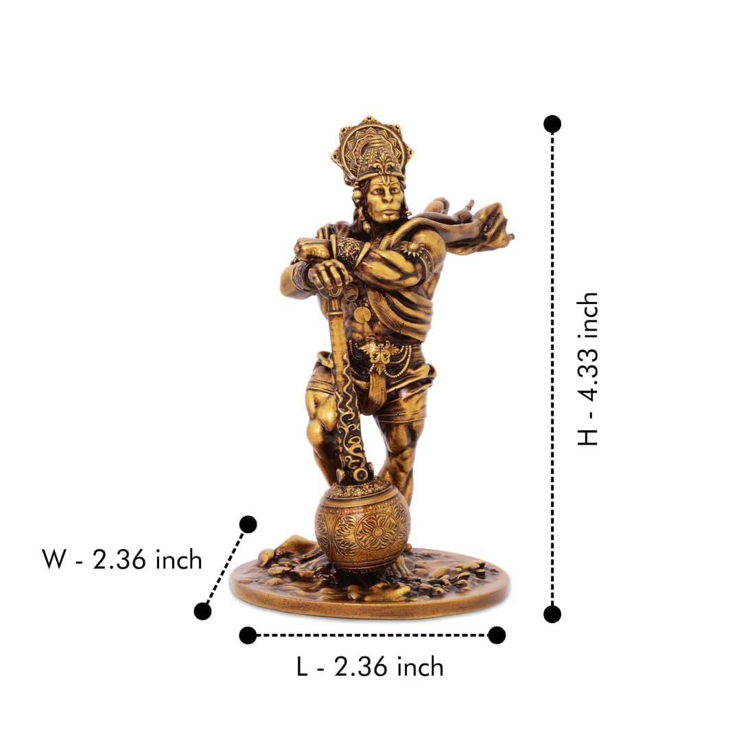 Car dashboard Hanuman statue in antique finish, measuring 4.33 inches tall and 2.36 inches wide