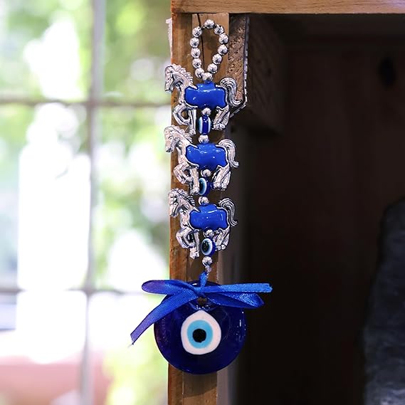 Evil Eye Home Decor Charm with Blue Glass Pendant and Decorative Horse Beads