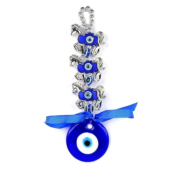 Evil Eye Home Decor Charm with Blue Glass Pendant and Decorative Horse Accents