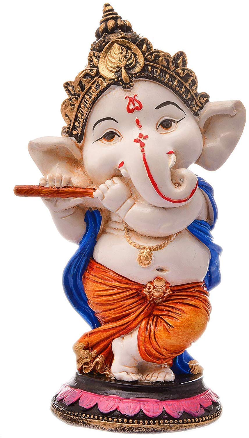 Colorful Ganesha flute statue for home decor, featuring intricate details and traditional attire