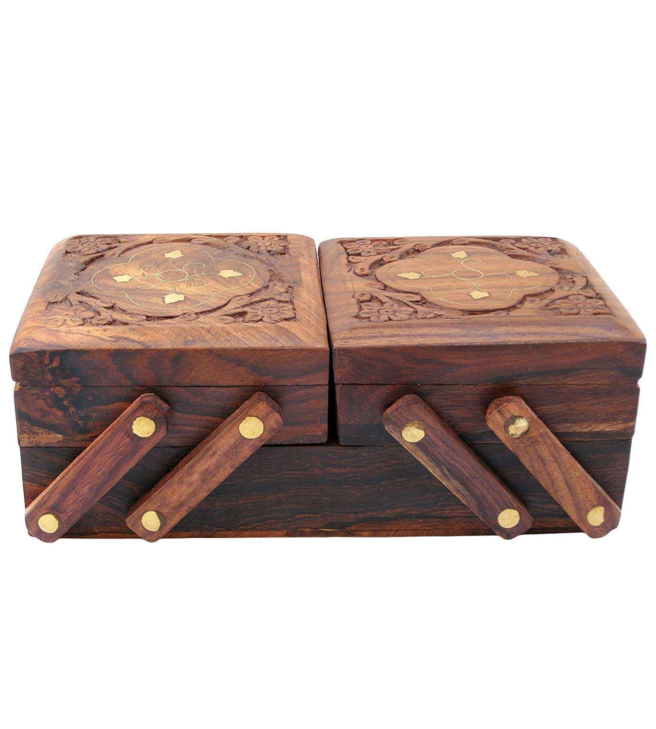 Handmade wooden jewelry box featuring intricate carvings and unique two-part design for elegant storage