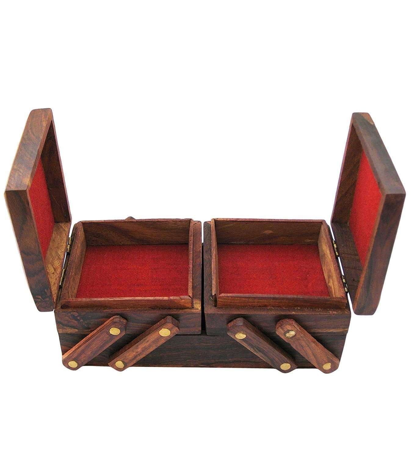 Handmade wooden jewelry box with red velvet lining and dual compartments for elegant storage
