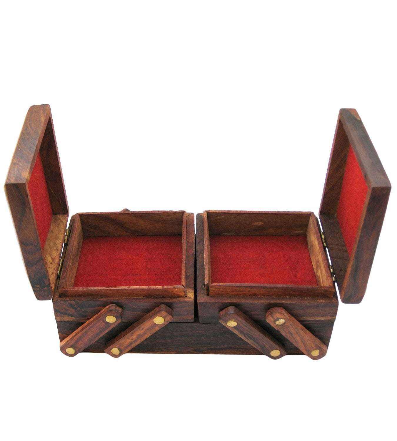 Handmade wooden jewelry box with two compartments and red velvet lining for elegant storage