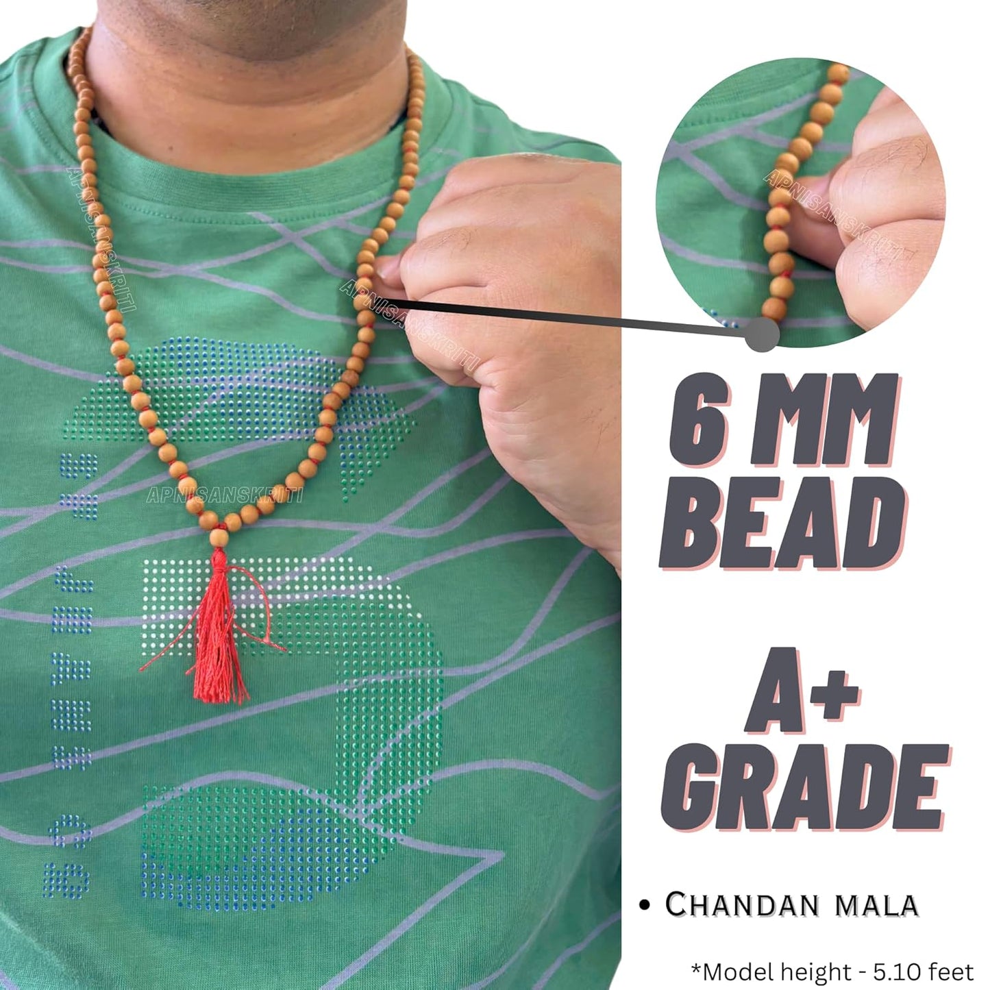 Sandalwood jaap mala for pooja featuring 6 mm beads with a red tassel for spiritual practices