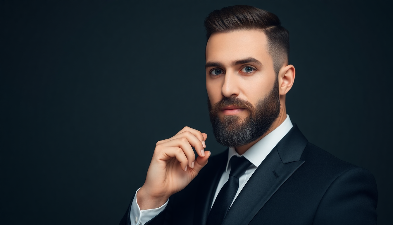 Men in black suit with beard and elegant look professional and touch their beard looking at the camera.