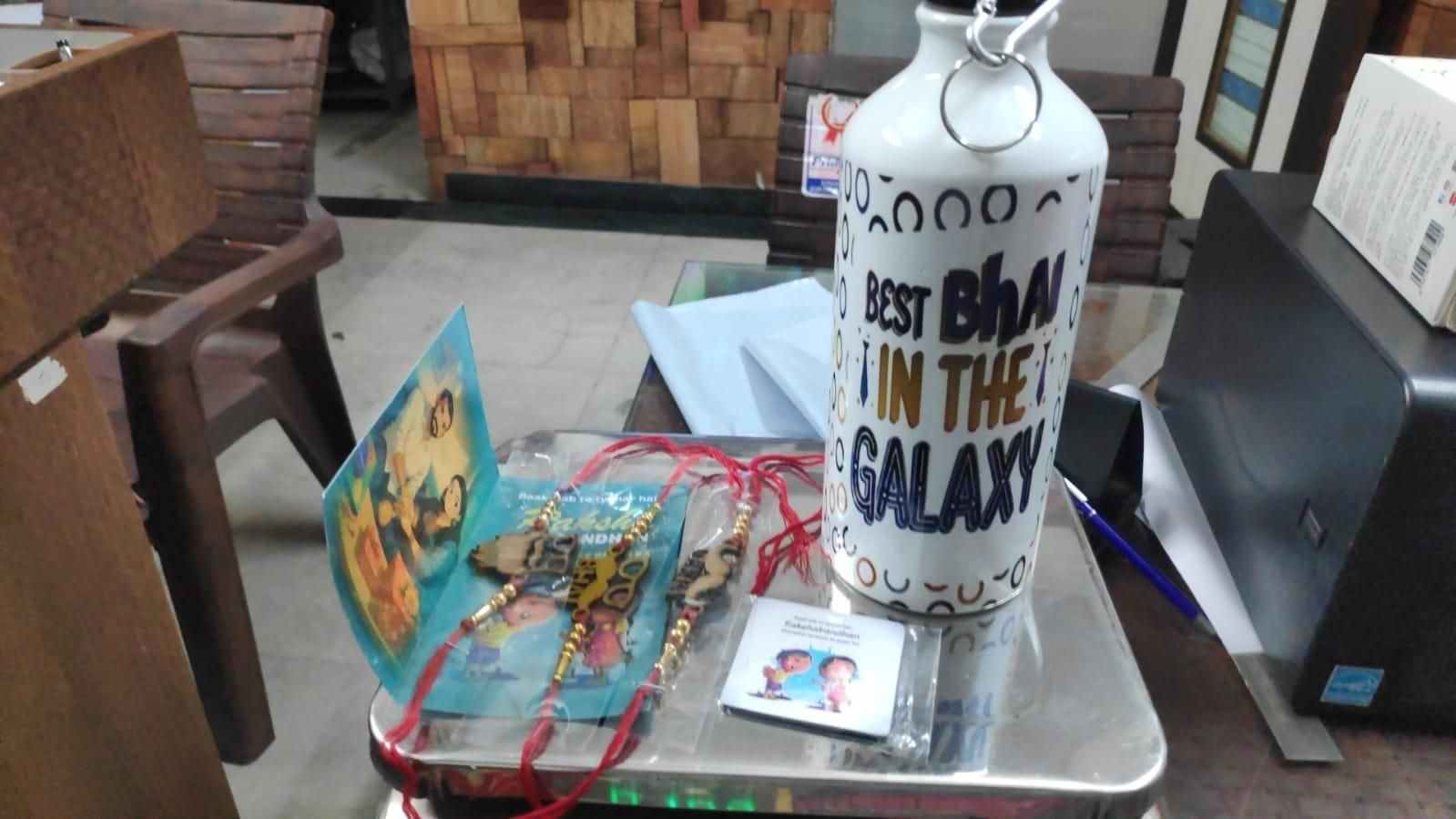 PrgCart Best Bhai in the Galaxy Bottle with 3 Rakhis – Raksha Bandhan Gift Set