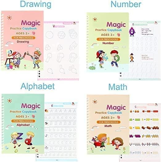 PrgCart Sank Magic Practice Copybook Set – 4 Books, Pen, Grip & 10 Refills | Multicolor Stationery Kit