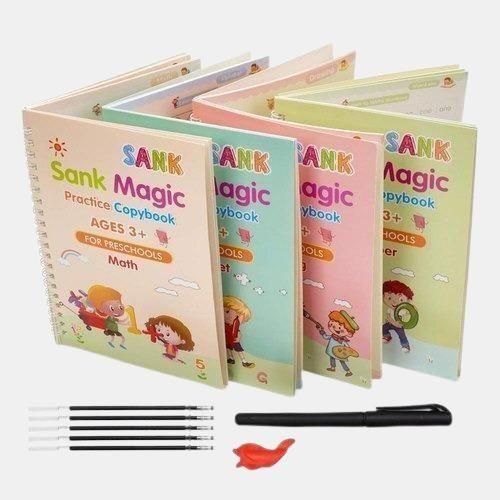 PrgCart Sank Magic Practice Copybook Set – 4 Books, Pen, Grip & 10 Refills | Multicolor Stationery Kit