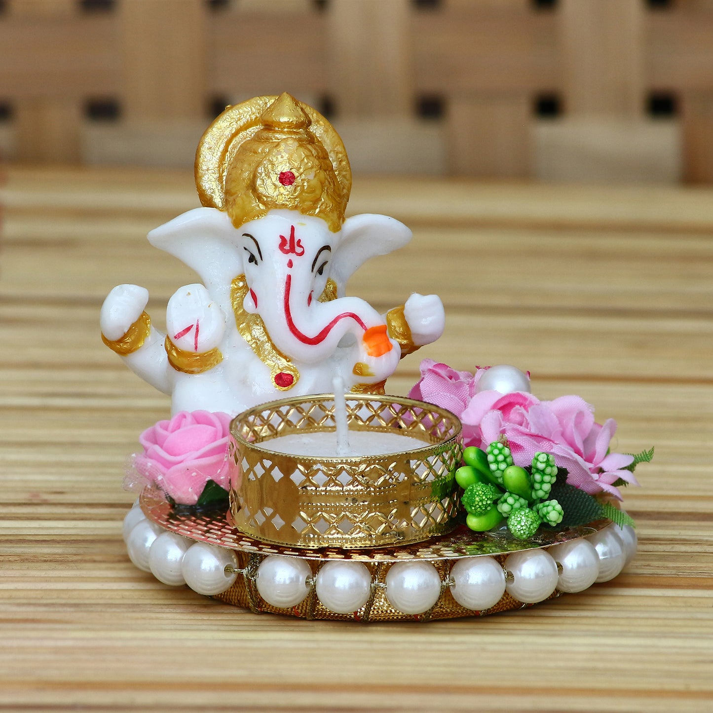 eCraftIndia Lord Ganesha Idol on Decorative Plate with Tea Light Holder - P&R Group