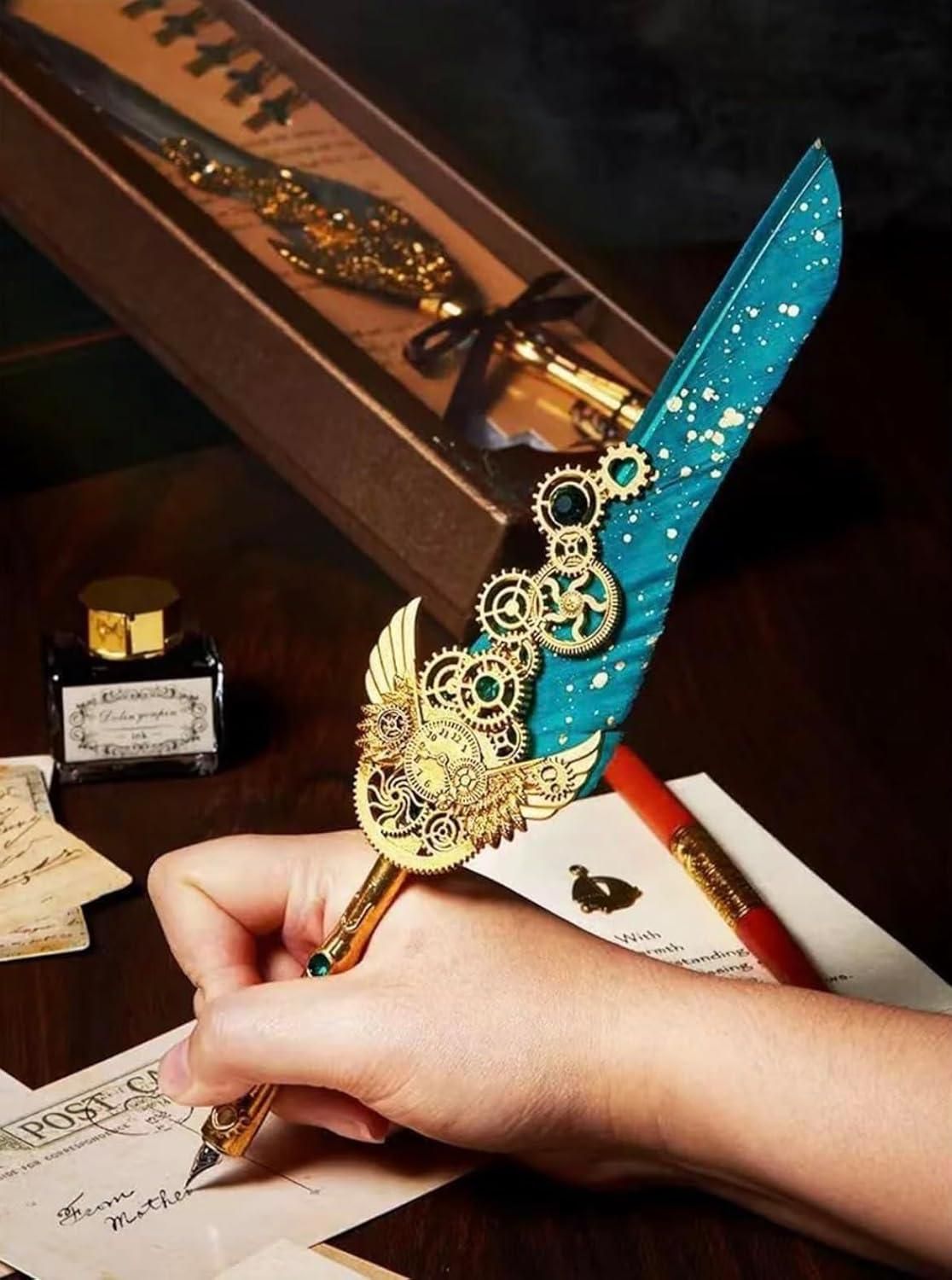 PrgCart Vintage Quill Feather Pen and Ink Set – Elegant Calligraphy Writing Kit with Nibs