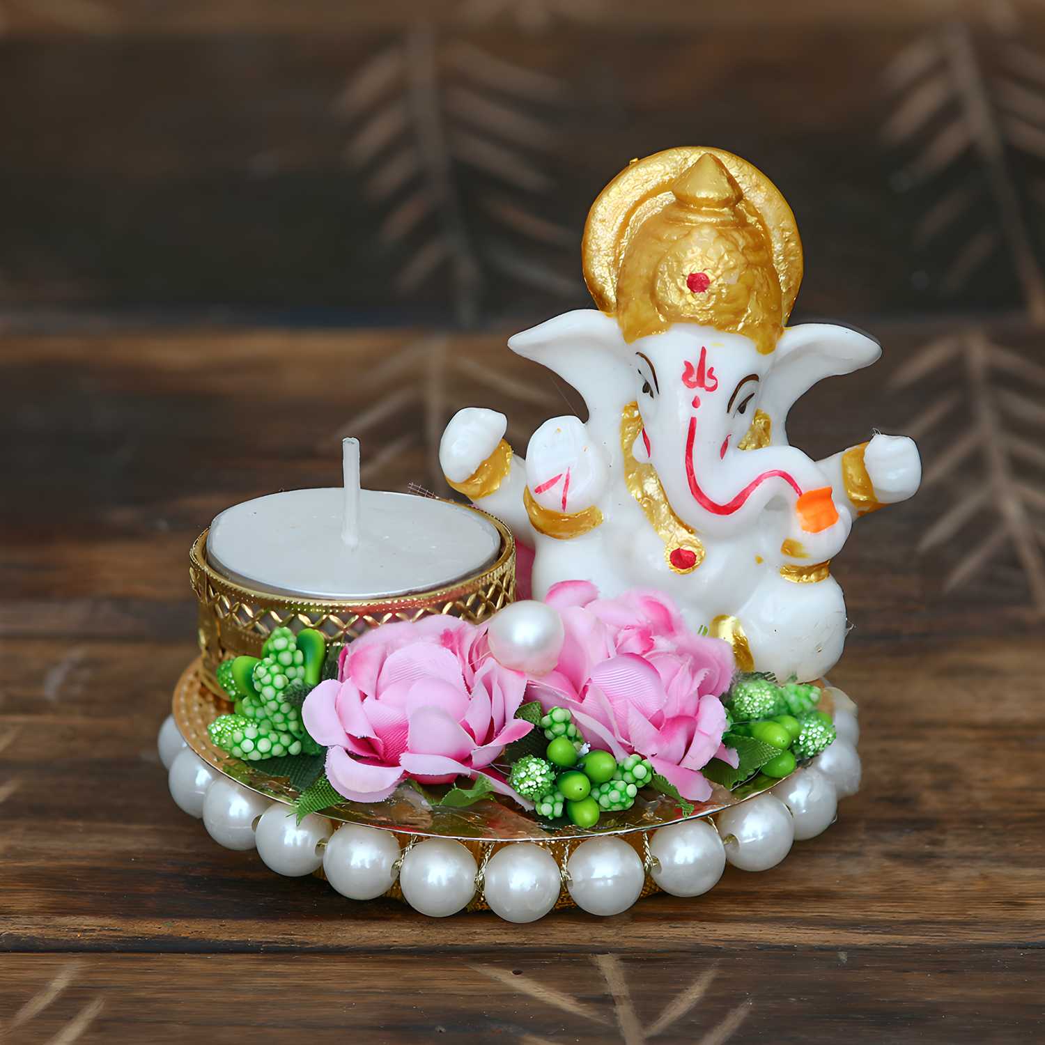 eCraftIndia Lord Ganesha Idol on Decorative Plate with Tea Light Holder - P&R Group