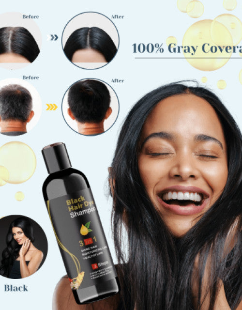 Dropdash Black Hair Color Shampoo for gray coverage before and after results showcasing 100% coverage