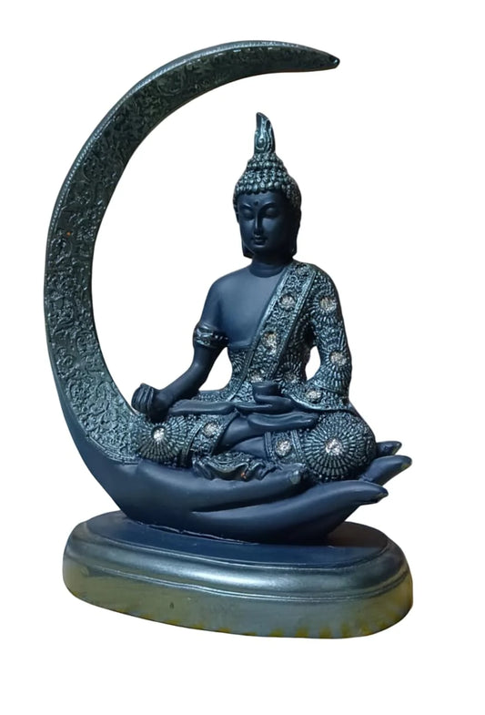Buddha moon sculpture in dark blue featuring intricate details and a crescent moon base