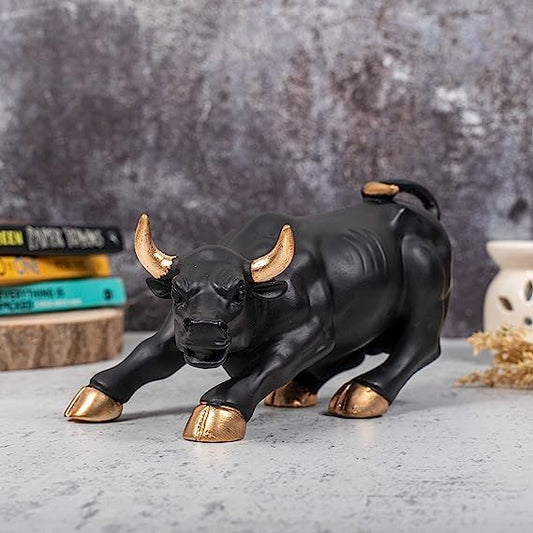 Black and gold decorative stock market bull sculpture for stylish home decor
