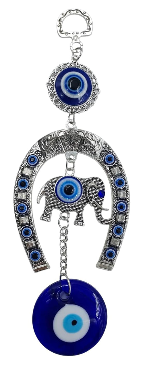 Evil eye hanging decoration featuring a silver elephant and blue glass elements for protection