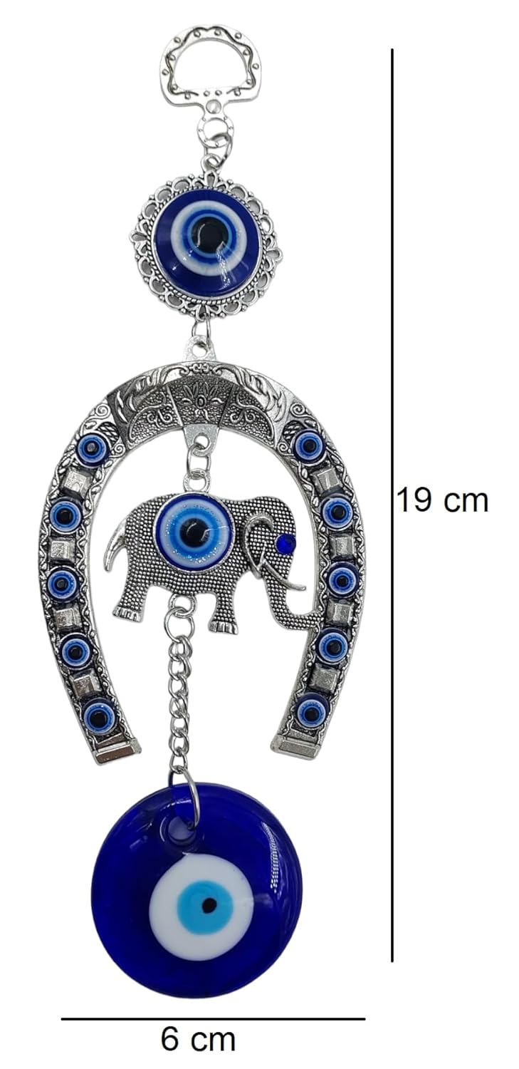 Evil eye hanging decoration featuring a silver elephant and blue circular charms for protection