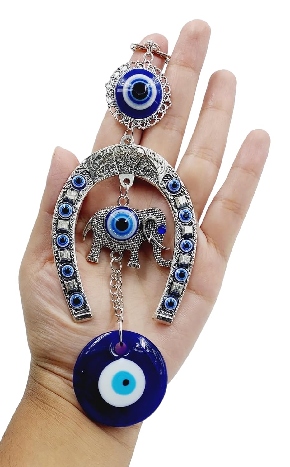 Evil eye hanging decoration with blue glass, elephant charm, and silver accents for home protection