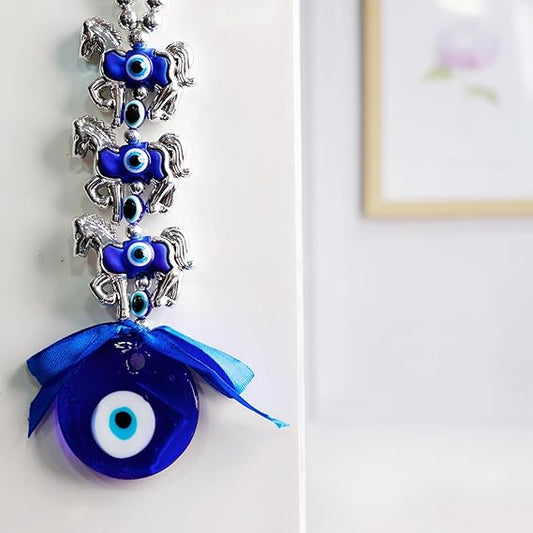 Evil Eye Home Decor Charm Featuring Blue Glass Evil Eye and Silver Horse Accents