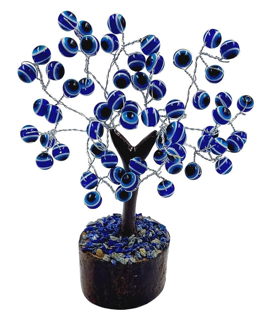 Handcrafted evil eye protection decor tree with blue beads on a sturdy base for home protection