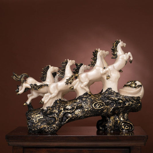 Handcrafted marble horse sculpture featuring four galloping horses with intricate details