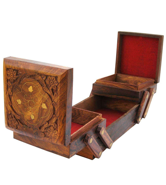 Handmade wooden jewelry box with intricate carvings and red velvet lining for elegant storage