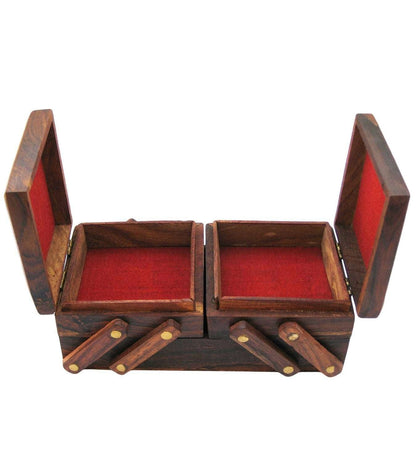 Handmade wooden jewelry box with two compartments and red velvet lining for elegant storage