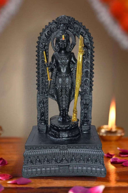 Black Lord Ram idol home decor with intricate detailing on base and ornate arch design