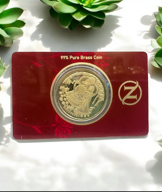 Premium brass Hindu coin India in a protective display card for collectors and spiritual enthusiasts