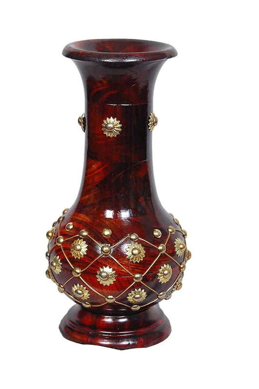 Elegant premium wood vase for flowers with intricate gold detailing and a rich finish