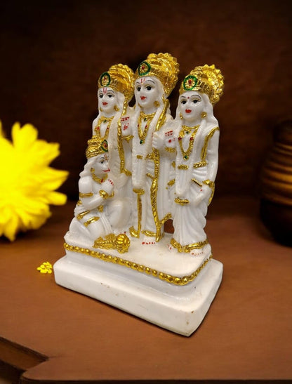 Ram Laxman Sita Hanuman idol in white and gold finish depicting Hindu deities with intricate details