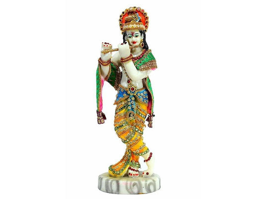 Colorful spiritual Krishna statue decoration with intricate detailing and a flute, ideal for home decor
