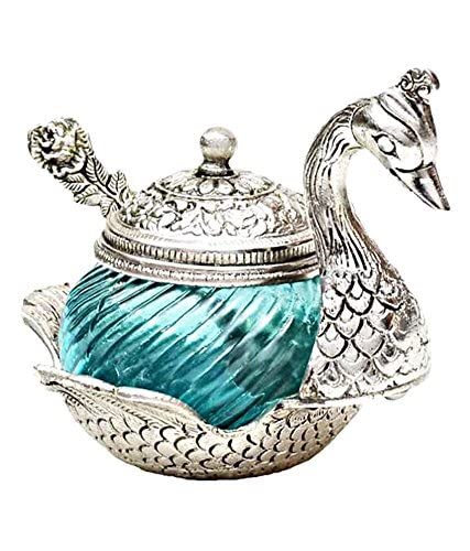 Elegant swan design dry fruit container in silver and blue glass with intricate detailing