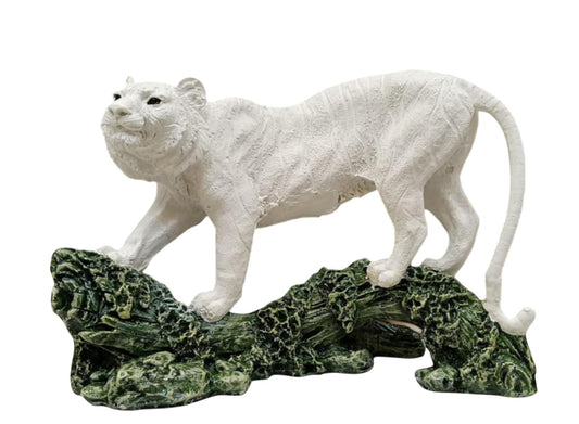 White Tiger Resin Statue standing on a green rock base, featuring detailed texture and design
