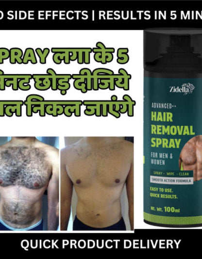 Zidella Advanced Hair Removal Spray for Men and Women in 100ml bottle with fast results shown in before and after image